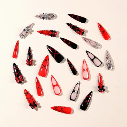 Long Stiletto Press-On Nails with Rhinestones & Bow - Red & Black Goth Style, 24pcs (Variation: 6507BlackRed)