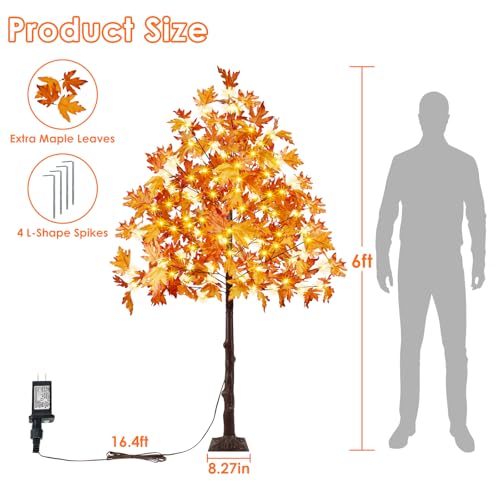 1 Pack 6FT Lighted Maple Tree with 150 LED Fall Leaves for Indoor Outdoor Decor