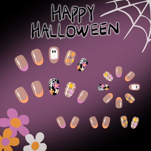 Halloween Short Oval Press-On Nails with Ghosts Spiders & Bats - Variation 7