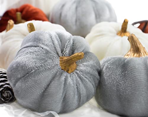 Velvet Pumpkins Fall Decor Set - Multi-Color Faux Autumn Harvest Halloween Thanksgiving Wedding Table Centerpieces - 18 Pieces