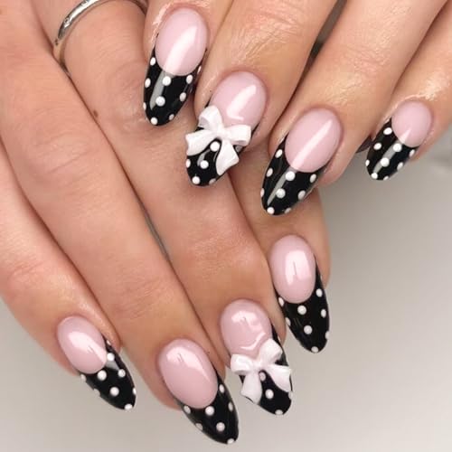 Reusable Press-On Nails Set - 6 Styles, 12 Sizes, Black & Red Bow Theme