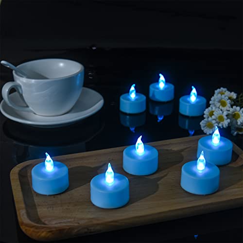 Blue Flameless LED Tea Lights - 24 Pack, Long Lasting Battery, Realistic Flicker for Holiday Decorations