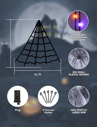 Halloween Web Lights with 550 LEDs & 8 Modes - Outdoor Spider Web Decor, 16.4ft, Waterproof, Timer, No Big Spider