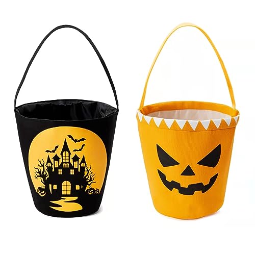 Halloween Trick or Treat Canvas Buckets - Castle & Pumpkin Face, Reusable Snack Baskets, 2 Pcs