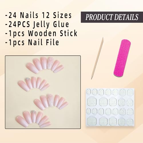 Pink Press On Nails - Long Square Coffin Fake Nails with Rhinestone Design, 3-Pink Gradient Variation, 24Pcs