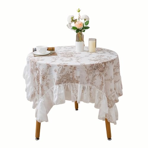 Champagne Lace Tablecloth 47x47 Inches with Ruffles - Modern Retro Boho Style