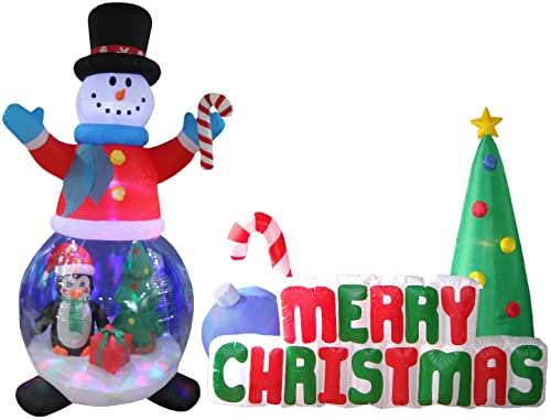 Inflatable Christmas Snowman Globe with Penguin & Gift Box + 6ft Xmas Tree with Candy Cane Lights Bundle