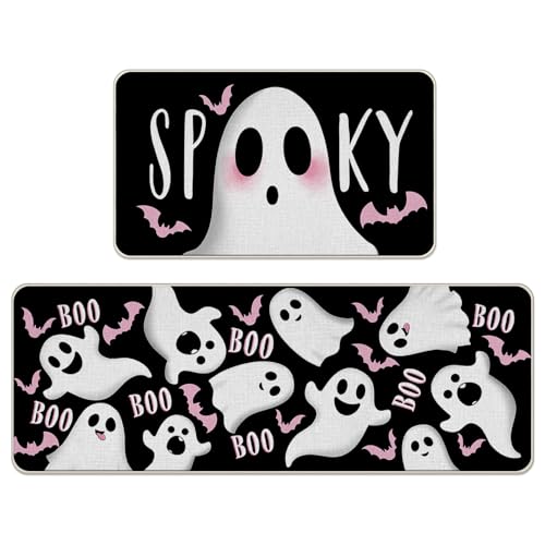Black Halloween Kitchen Rugs Set of 2 Ghost Spooky Boo Non Slip Decor