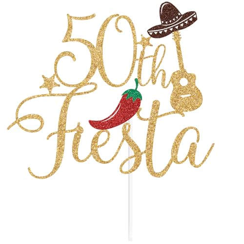 Gold Glitter 50th Fiesta Cake Topper - Mexican Theme Birthday Decor