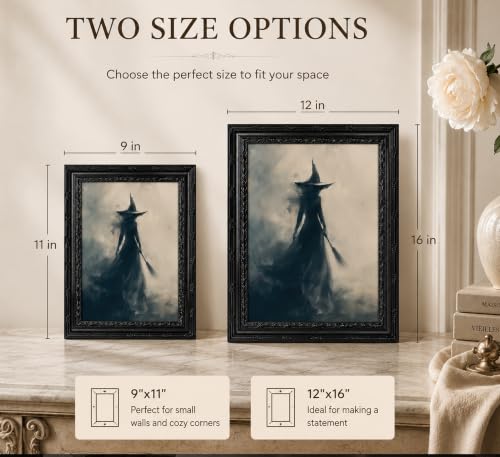 Witch Wall Art - Framed Halloween Moody Gothic Decor - 11"L x 9"W - Black Frame