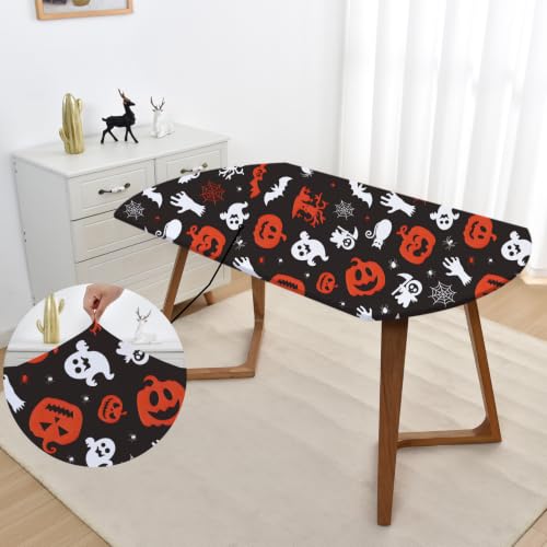 Oval Fitted Halloween Tablecloth 42x60 Inch with Pumpkin Spider Cobweb Design - Elastic Fit