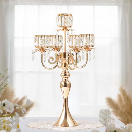 Gold Square Crystal Candle Holder 5 Arm Candelabra 22 Inch Wedding Centerpiece - Variation of Square-Crystal Bowl