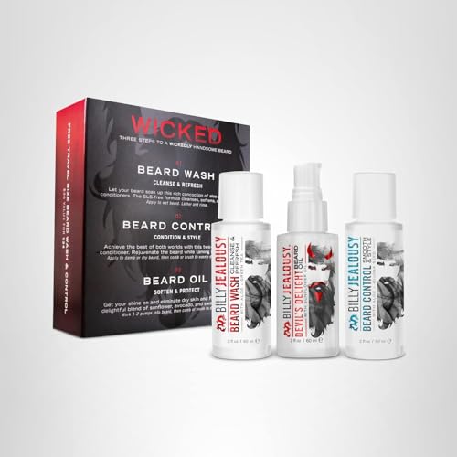 Billy Jealousy Wicked Beard Trio Kit with Beard Wash, Leave-In Conditioner and Devil’s Delight Oil to Cleanse, Nourish, Soften & Strengthen your Facial Hair, Warm Vanilla Scent
