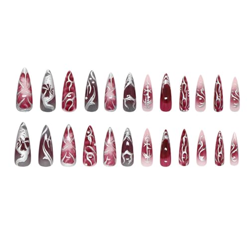 Punk Style Long Metallic Press On Nails - Irregular Lines Heart Tips Black Silver Red Gradient, 24Pcs with Glue for Women