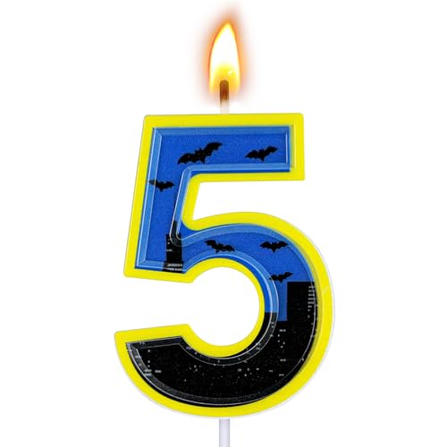Bat Birthday Candle Number 5 - Blue Bat Cake Topper for Party Decorations