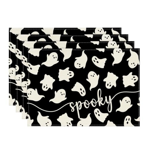 Black Ghost Halloween Placemats Set of 4 - 12 x 18 Inch Rectangular