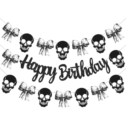 Gothic Birthday Banner Black Skull and Bow Spooky Party Decor