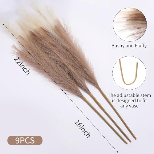 Artificial Pampas Grass Stems - 9 Pack, 38 Inch Long Fluffy Faux Decor Beige & Taupe