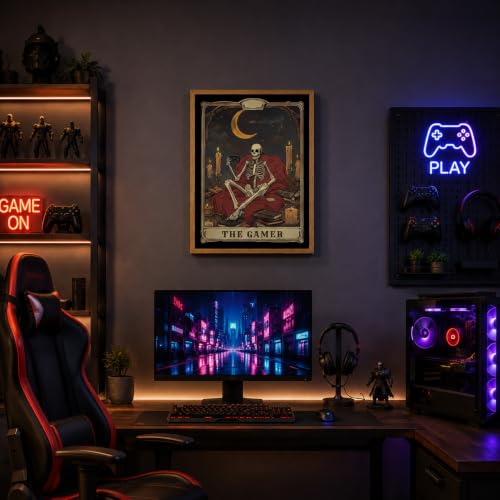 Gamer Tarot Wall Art - Framed Skeleton Gaming Decor, 16 x 12 Inches