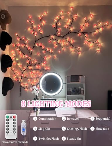 48 LED Pink Cherry Blossom Wall Lights for Bedroom Decor - Dimmable with Remote & Timer