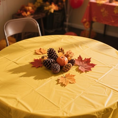 Fall Plastic Tablecloth Set - 12 Pack Autumn Colors Waterproof Round Table Cover for Thanksgiving & Parties - Yellow Orange Red