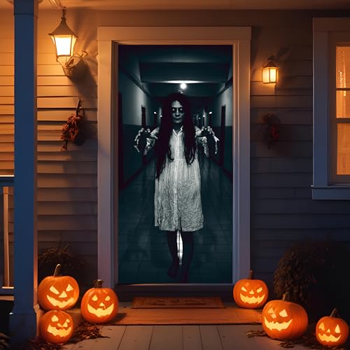 Halloween Door Backdrop Banner Ghost Girl Creepy Decor 73x35 Inch - Scary Party Supplies