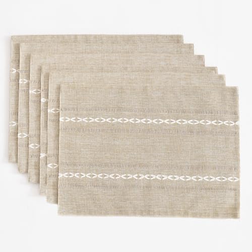 Hemstitched Cotton Linen Place Mats Set of 6 - Coffee Embroidered Boho Table Decor