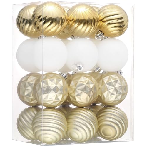 Valery Madelyn White Gold Christmas Ornaments Set 24ct - Shatterproof Holiday Tree Decorations