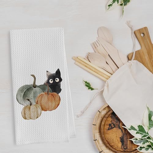 Gequtt Fall Pumpkin Dish Towels Set - Waffle Weave Kitchen Towels, Black Cat Gifts, Fall Decor - Fall-2