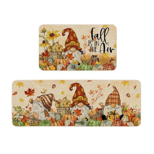 Fall Gnome Kitchen Rugs Set of 2 - 17x29 & 17x47 Inch Autumn Decor