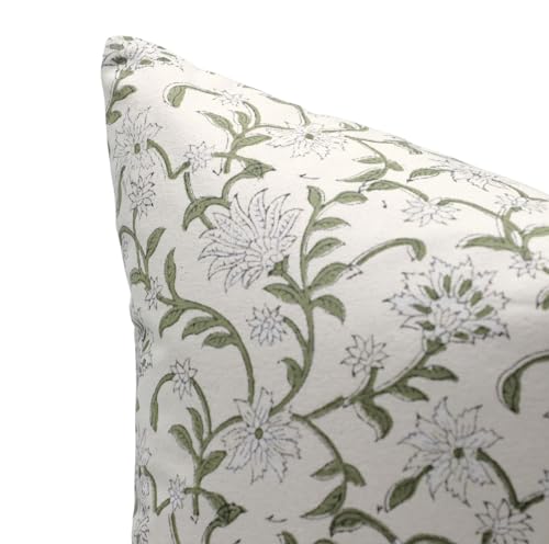 White 20x20 Cotton Block Print Throw Pillow Cover Cushion Case - Handmade, Decorative, Outdoor Friendly