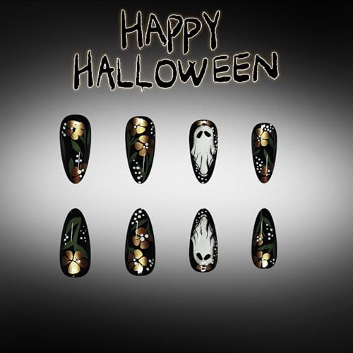 Halloween Press On Nails Medium Almond Ghost Gold Flower Design - Variation 19