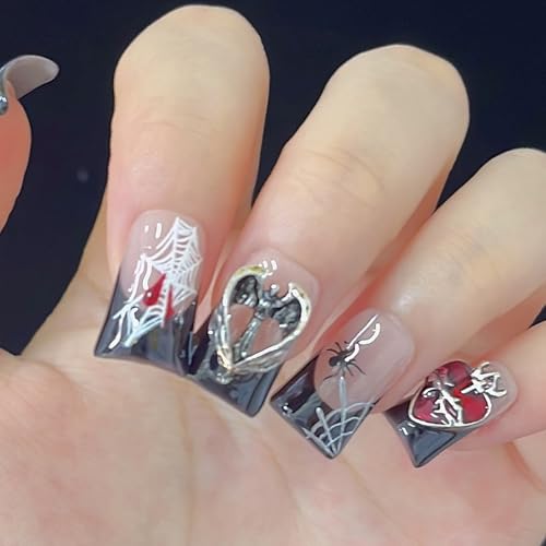 Halloween Luxury Press-On Nails Short Duck Style 1 with Spider Web Bat Charms - Black French Reusable Fake Nails