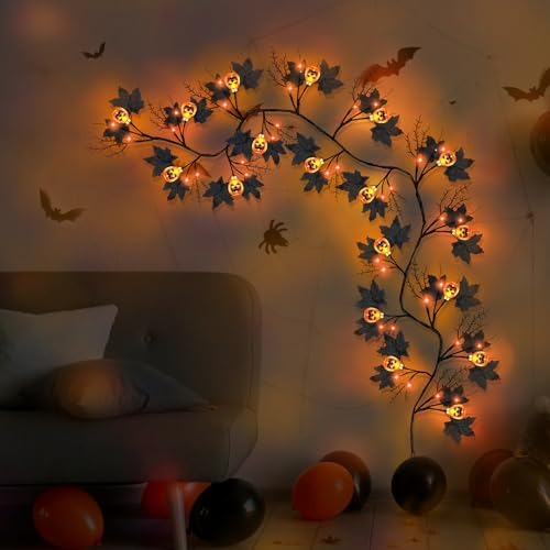 9FT Halloween Willow Vine Garland with Pumpkin & Orange Lights - Black, 8 Modes, Waterproof, Indoor Decor - Orange