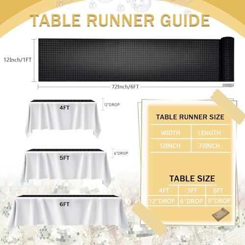 Black Disco Party Table Runners 6 Pack 12x72 Inches - Sequin & Polyester