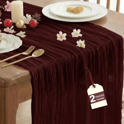 Burgundy 10FT Cheesecloth Table Runner 2 Pack for Christmas & Home Decor