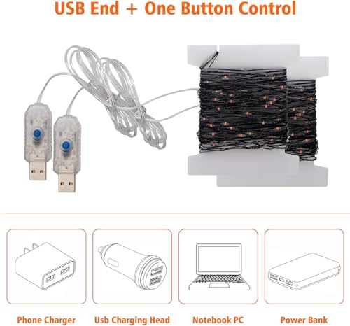 USB Plug-in Fairy Lights 33ft Orange LED String Lights 8 Modes for Halloween & Holiday Decor - 2 Pack