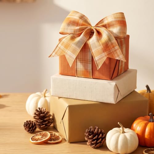 SIMISI Ribbon 12 Pcs Fall Bows for Wreath Thanksgiving Wired Ribbon Decor - Orange Plaid