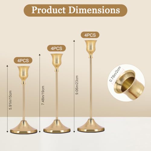 12 Pack Metal Tall Candle Holders - Vintage Gold Candlestick Set with 3 Sizes