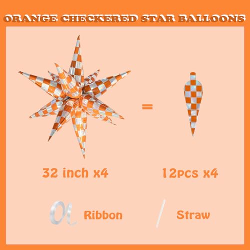 Orange Checkered Burst Star Foil Balloons - 32 Inch Party Decorations, Halloween & Fall Theme, 4 Pack