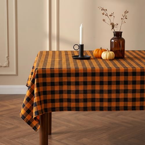 Waterproof Gingham Tablecloth - Black & Orange Checkered Fabric, 102" x 60" Rectangular for Indoor Outdoor Dining
