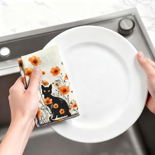 Black Cat Kitchen Towels Set of 4 - 16x24 Orange Floral Hand & Tea Towels