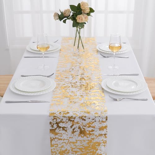 Gold Table Runner Set - 3 Pieces, 11 Inch x 33 Feet Glitter Metallic Decor