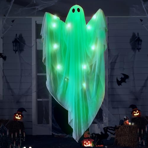 Halloween Hanging Ghost Light - Green LED Ghost Decoration, 47 Inches Waterproof Outdoor & Indoor Decor with Timer