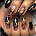 Press on Nails Long Coffin Shape French Gradient with Gold Glitter Butterfly Pattern - Variation 13