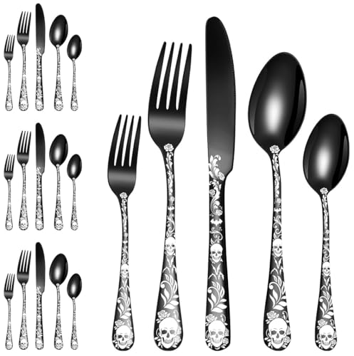 Black Halloween Skeleton Silverware Set for 4 - Gothic Skull & Flower Flatware