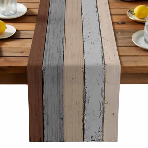 Farmhouse Cotton Linen Table Runner 13x120 Inches Rustic Barn Wood Texture - Brown Grey