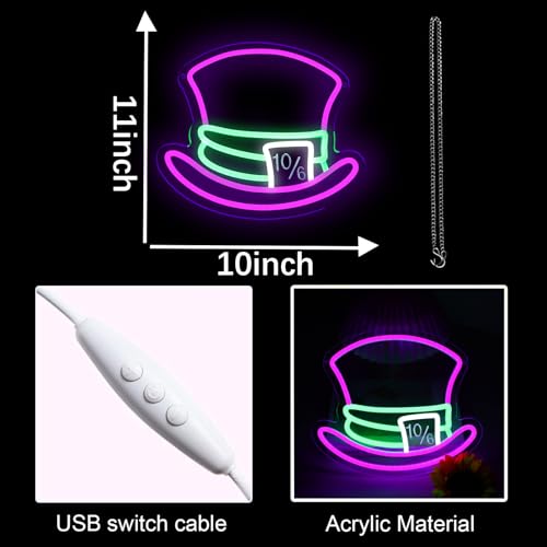 Purple Mad Hatter Neon Sign Wall Decor Dimmable LED Light for Bedroom & Party