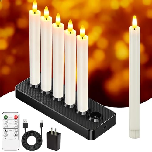 Rechargeable Flameless Taper Candles with Charging Base - White Wave 6 Pack