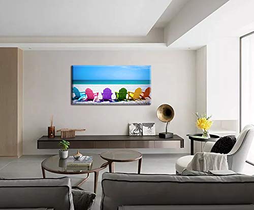 Beach Canvas Wall Art for Living Room - Blue Sea with Colorful Chairs 48" x 24"